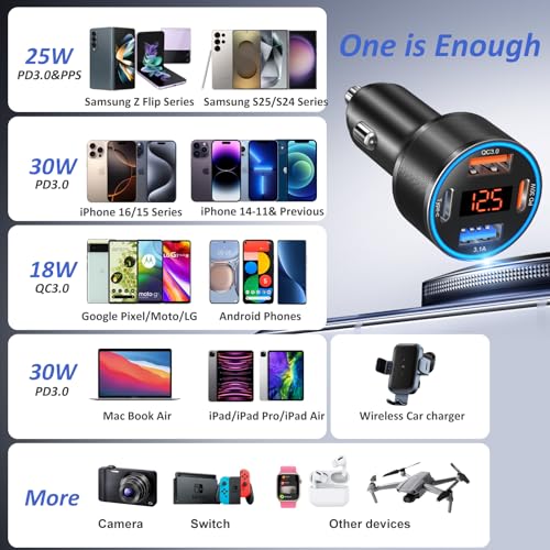 Image of 5 Pack Car Charger USB C, 65W Multi Port Dual 12V Cigarette Lighter USB Car Charger Adapter with Voltmeter PD /QC 3.0 Super Fast Charge Car Phone Charger for iPhone 17 16e 15 14 Pro Max Galaxy Android