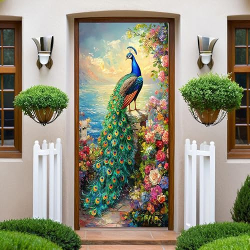 Vert Sticker Porte Trompe-l’Œil Paon et fleurs à l'aquarelle 83x204 cm Papier Peint Porte 3D Auto-adhésif Décoration Porte Intérieure Bureau Chambre...