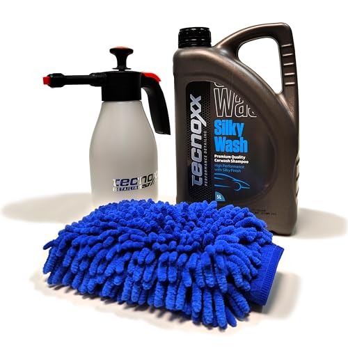 Tecnoxx Kit Exterior Pro - Set de Limpieza para Coche con Foamer Pulverizador de Espuma, Champú Detergente Espumante Ultra Activo Silky Wash y Manopla de Microfibra - Brillo y Limpieza Profesional