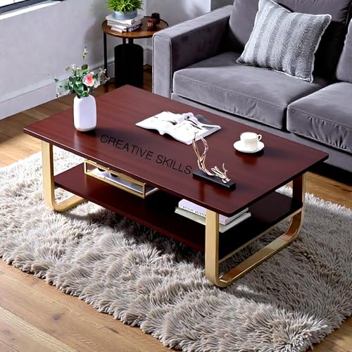 Image of Engineered Wood Coffee Table with Metal Base & 2 Tier Storage | Modern Rectangle Center Table for Living Room Sofa Set | Easy DIY Assembly (90 x 48 x 48 cm) (Brown Gold)
