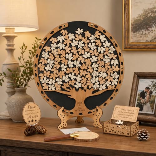 Image of Personalized Maple Tree Wedding Guest Book Alternative, Fall Leaf Drop Box
