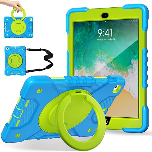 Andnary Case for iPad 6th/5th Generation 9.7 inch 2018/2017 Case, iPad Air 2/Pro 9.7 inch Heavy Duty Protective Cover with Pencil Holder, Shoulder Strap, 360 Rotate Handle Stand (Blue+Green)