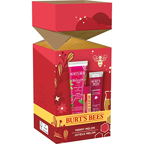 Burt's Bees Christmas Gifts, 3 Stocking Stuffers Products, Merry Melon Set - Watermelon Moisturizing Lip Balm, Tinted Balm & Hand Cream #TOP6