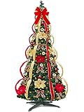 6 Ft Prelit Full Christmas Tree Decor Pop up Xmas Tree 200 Warm Lights,24 Ornaments,Red&Gold Ribbon,15 Flowers,19 Bows,UL Plug Powered,Fire-Resistant Collapsible Outdoor Indoor Holiday Party Decor