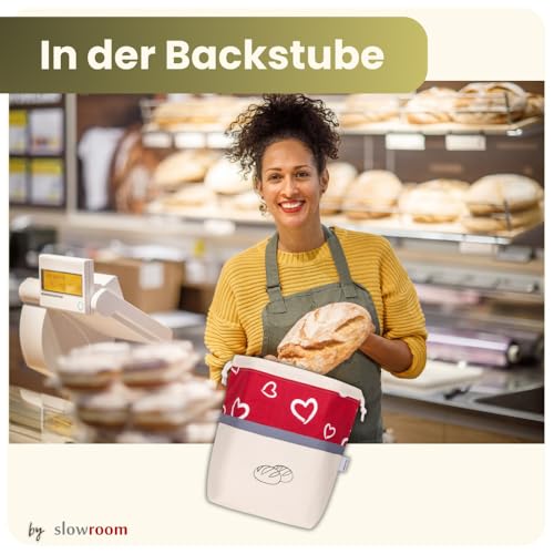 Foto von slowroom Brotbeutel zur Brotaufbewahrung und Frischhalten 3 in 1 - Brotkorb Stoff  - Brottasche aus Baumwolle - Brotkasten 32 x 35 cm, Herzen