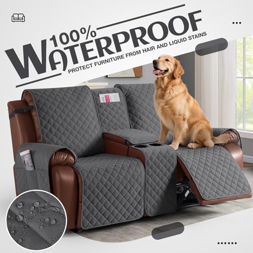 Image of KinCam 100% Waterproof Recliner Loveseat Cover with Console, Non-Slip Reclining Couch Covers for 2 Seat, Recliner Sofa Cover Furniture Protector with Elastic Straps for Kids, Pets, Charcoal Gray