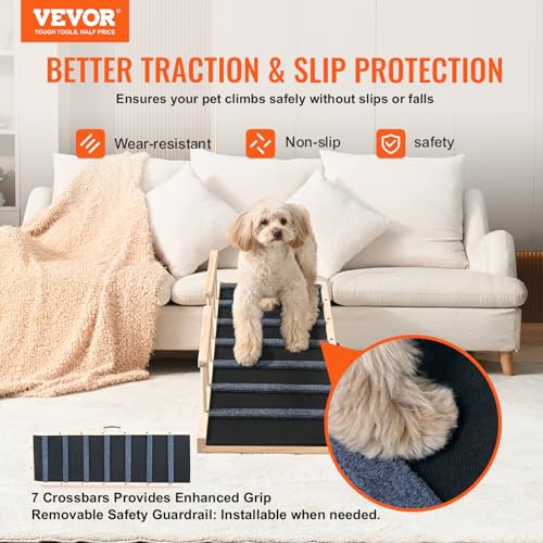 VEVOR Dog Ramp, Folding Pet Ramp for Bed, Adjustable Dog Ramp for Small, Large, Old Dogs & Cats, Wooden Pet Ramp with 47.2" Long Ramp, Adjustable from 13.8" to 27.6", Suitable for Couch, Sofa, Car - Image 3