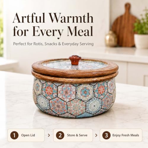 Image of The Earth Store Premium Wooden Medina Casserole for Roti - 1600ML Handcrafted Mango Wood with Resin Art Roti Casserole | Elegant Wooden Roti Box | Chapati Box for Dining & Gifting