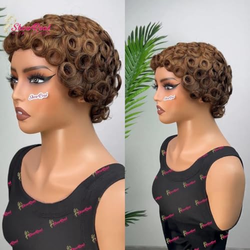 showreal Brown Short Wigs Pixie Cut Curly Wigs for Black