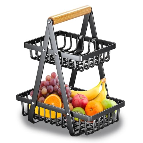 SRTFINE 2 Tier Countertop Fruit Basket with Wood Handle, Kitchen Storage Organizer for Fruits, Vegetables, Bread, Snacks - Detachable Rectangular Basket for Pantry, Dining Table (Black)