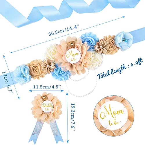 Sussurro Teddy Bear Maternity Sash Mom To Be & Daddy To Be Corsage Pin Set Blue Flower Baby Shower Sash Belly Belt Gift For Gender Reveal Bear Baby Shower Decorations #TOP1