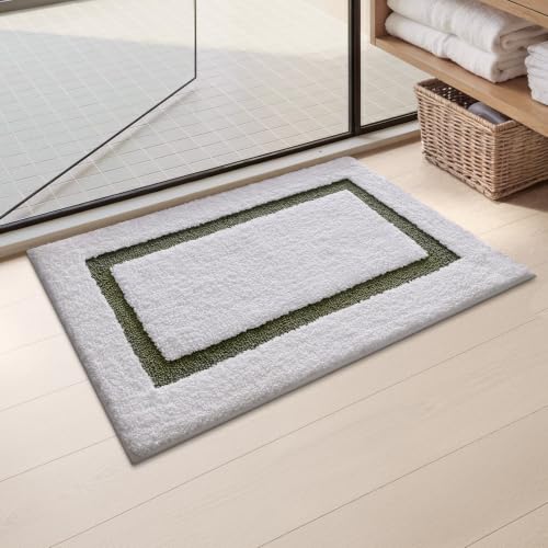 Image of Color&Geometry Mini White Bathroom Rugs 24x16, Extra Soft Absorbent Microfiber Bath Rug, Non-Slip Bathroom mat, Washable Plush Bath Mats for Bathroom, Shower, Bathtub, Laundry, Small, White Green