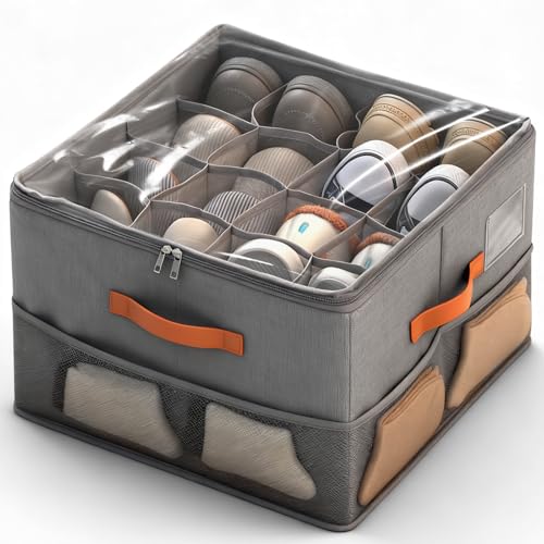 Scettar Organizador de Zapatos Armario con Tapa Transparente, Caben 16 Pares, Cajas Almacenaje Zapatos Plegable(Gris),Contenedores de Almacenamiento Grandes con Asas Reforzadas