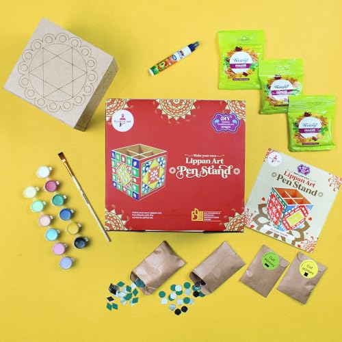 Image of Kalakaram Lippan Art & Craft Kit - DIY Painting Activity for Kids & Adults | Make Your Own Decorative Pen Stand with Pre-Marked Base | Traditional Mirror Art | Folk Art Home Decor Kit