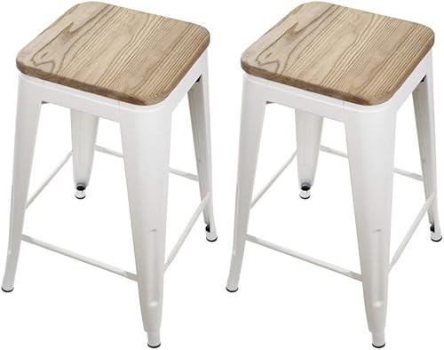 Taburete de metal negro antiguo de 24 pulgadas con asiento de madera (juego de 2) color dorado al azar, capacidad de peso de más de 300 libras,