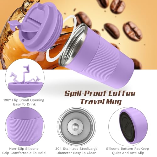 Image of Vacuum Insulated Stainless Steel Travel Coffee Mug,Leak Proof Cup with Lid | 304 stainless steel mug with vacuum insulation, leak proof lid, silicone grip and car cup holder friendly design