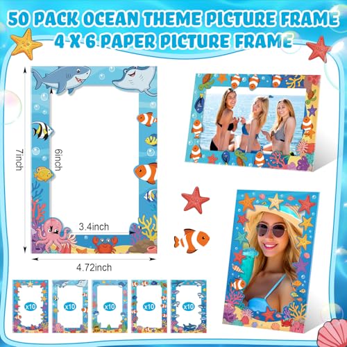 Image of AmazingSpark 50 Pack Ocean Theme Picture Frames 4x6, Under the Sea Paper Photo Frames Bulk, Beach Nautical Frame Decorations for Party, Table Centerpieces, Photo Booth Props & Home Decor