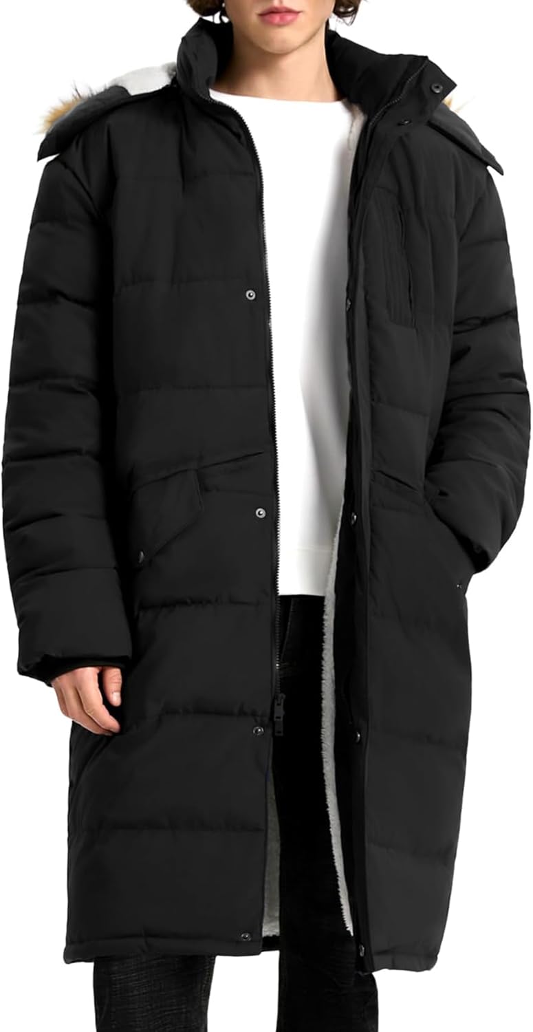 Gihuo Mens Extra Long Winter Jackets Fleece Lined Thick Warm Puffer Coat Water Resistant Parka Multiple Pockets