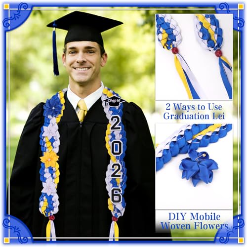 2026 Graduation Lei Double Braided Strands Graduation Ribbon Leis with 4 Satin Flowers Congrats Grad Leis Class of 2026 Gifts (Blue Gold White) — view 3