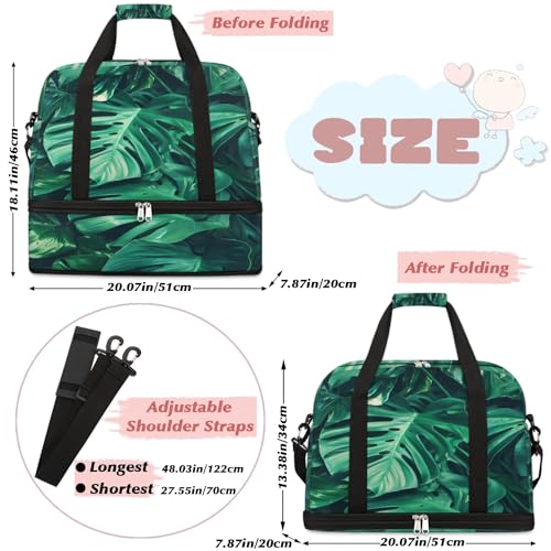 Travel Duffel Bag with Shoe Compartment, Green Tropical Leaves Shoulder Weekender Bags for Women, Foldable Waterproof Travel Bag Carry on Bag2