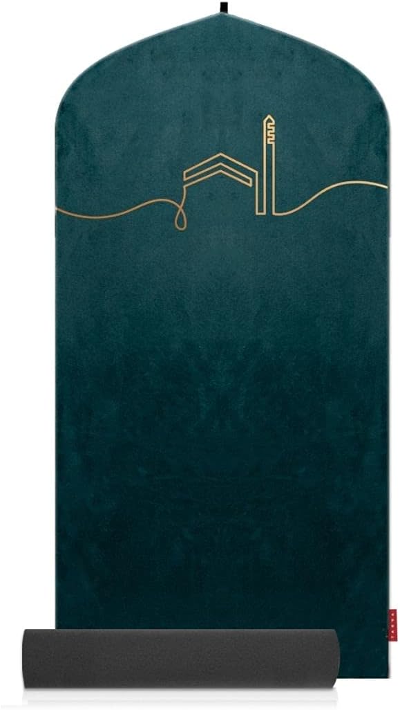 EasiClean™ Indoor Prayer Mat - Kaaba Collection (COMFITPLUS, Kaaba Emerald) - Washable, Customizable Padded Prayer Mat, Soft Velvet & Anti-Slip Base, Ideal Islamic Gift