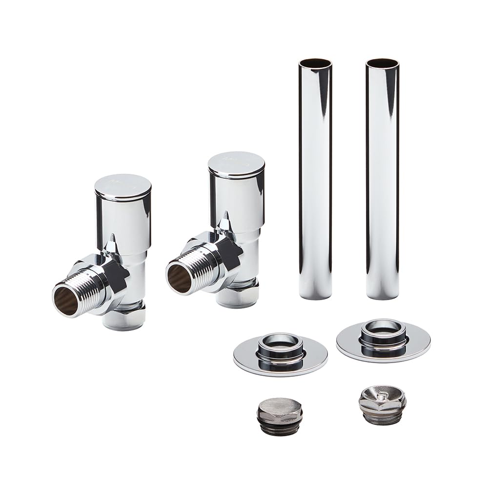 Milano Grey/Chrome - Modern Angled Radiator Valve And Pipe Sleeve Set