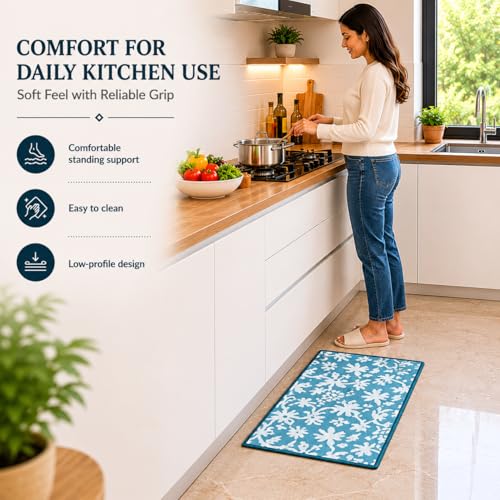 Image of Matz&More Tiles Floral Floor Mat | 40x60 CM | Turquoise | Nylon Tufted Gel Baking Anti-Slip | Doormat for Home Entrance, Kitchen & Bedroom