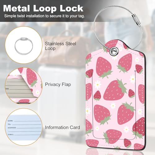 2Pack Luggage Tags for Suitcases, Cute Unique Pu Leather Cruise Luggage Tag with Privacy Cover ID Label Address Card and Metal Ring Suitable for Women Men Kids Travel Bag Pink Strawberry2