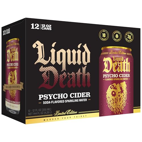 Image of Liquid Death Soda-Flavored Sparkling Water - Psycho Cider (Apple Cinnamon), Less Sugar*, Huge Flavor, No Caffeine, No Artificial Sweeteners, 12 Fl Oz (Pack of 12)