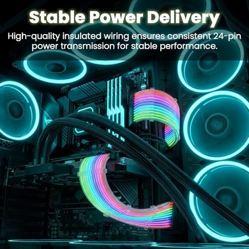 Image of ZORBES 24 Pin ARGB Motherboard Power Extension Cable, RGB LED PC Cable Extension with Addressable Lighting Sync, Sleeved 24 Pin PSU Extension for Gaming PC Build, Plug and Play RGB Mod Cable