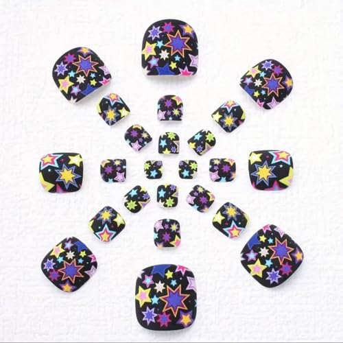 Image of Star Press on Toenails Black Fake Toenails Short Square Stick on Toe Nails Reusable Mate Full Cover False Toes for Women Manicure 24Pcs