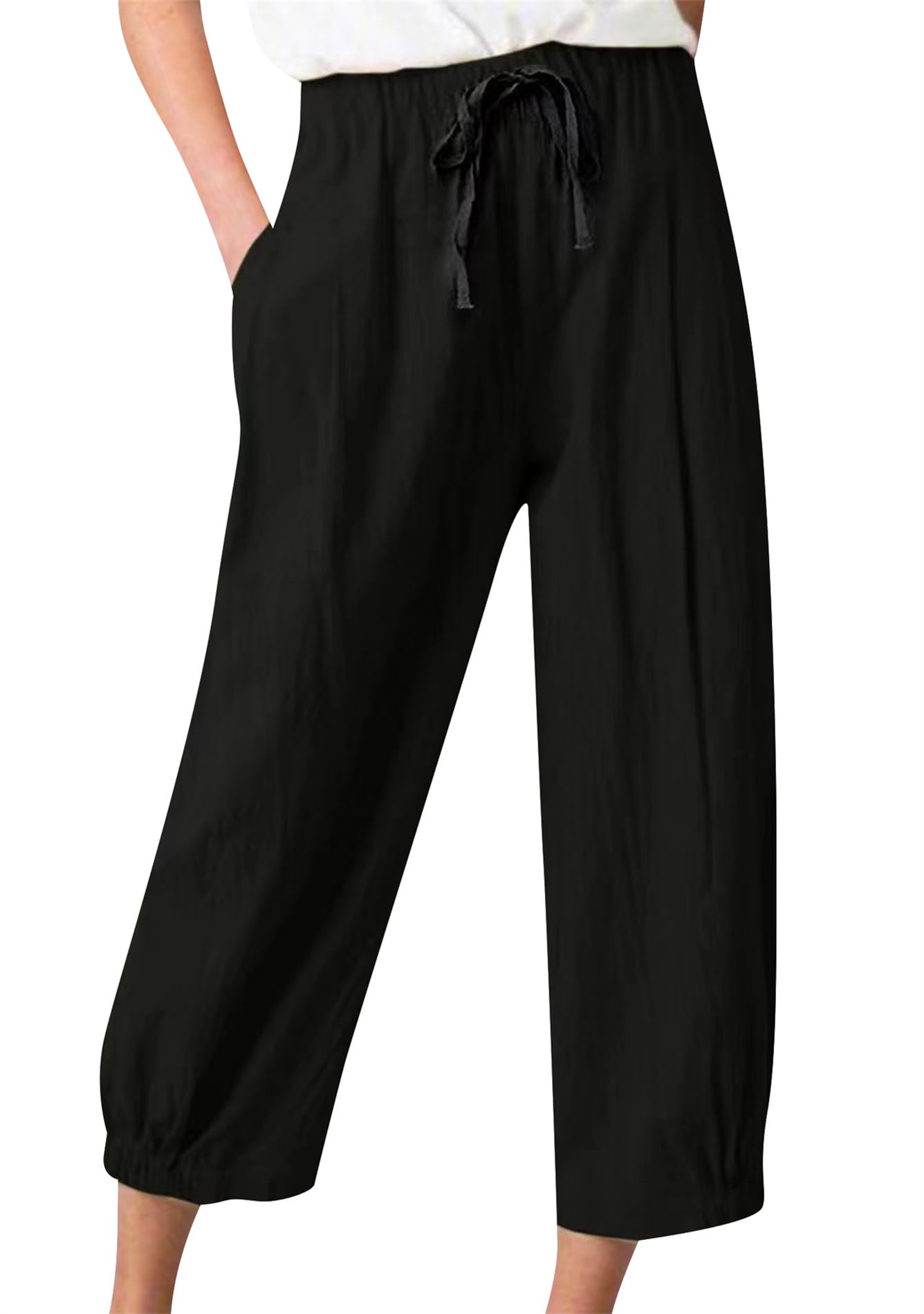 FLITAY Womens Elastic High Waist Casual Loose Palazzo Pants Linen Cropped Pants Capri Trousers