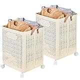 VECELO ランドリーバスケット 2点セット 洗濯物かご 幅37.7×奥行37.5×高さ50.5cm 大容量 キャスター付き 取っ手付き 折りたたみ式 衣類収納 通気性 手提げ 持ち運び便利 軽い 丈夫 大容量 撥水加工 浴室 洗濯物