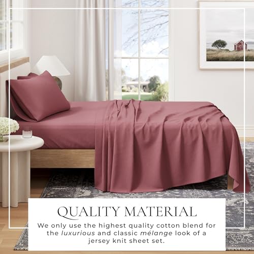Image of Great Bay Home Cotton Jersey Knit Full Sheet Set - Ultra-Soft, Stretchy, Heathered Melange Bed Sheets - Cozy, Soft T-Shirt Sheet & Pillowcase Set (Heathered Dusty Rose)