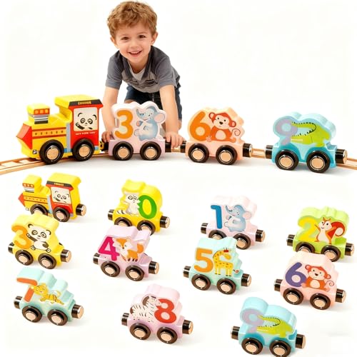 Pmueuff Comboio magnético brinquedo de madeira Montessori, 11 peças comboios de madeira com padrões de animais e números jogos Montessori comboios magnéticos de brinquedo presentes para meninos