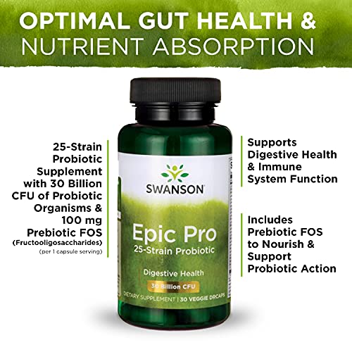Swanson Epic-Pro 25-Strain Probiotic 30 Billion Cfu Digestive Health Immune System Support Prebiotic Nutraflora Fos 30 Drcaps Veggie Capsules (Caps) (3 Pack) #TOP4