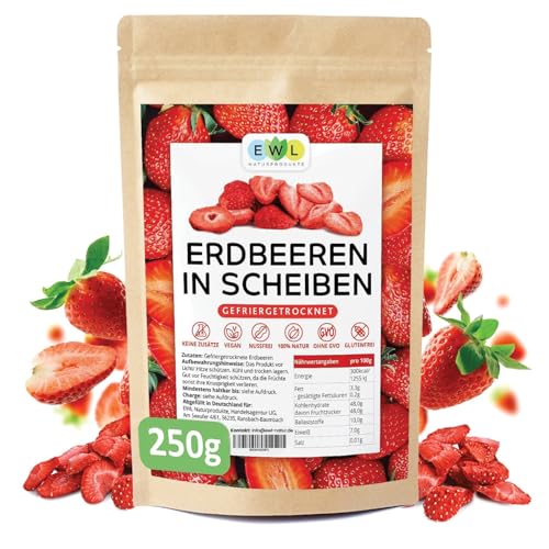 EWL Naturprodukte Getrocknete Erdbeeren 250 g, gefriergetrocknete Erdbeeren ohne Zuckerzusatz, vegan, in Deutschland abgefüllt