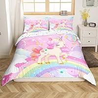 Feelyou Unicorn Girls Bedding Set Twin Kawaii Cute Rainbow Unicorn Duvet Cover Cartoon Horse Comforter Cover Kids Children Galaxy Stars Magical Pink Unicorn Animal Room Decor 1 Pillowcase