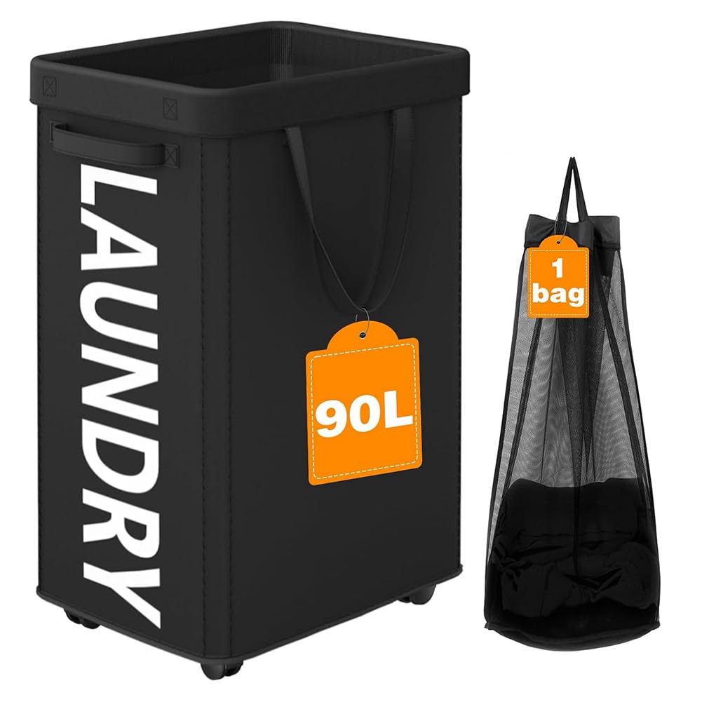 Hndhbfgrt 29 in Hamper 90L Rolling Laundry Basket with Wheels and Removable Mesh Bag, Black on Wheels