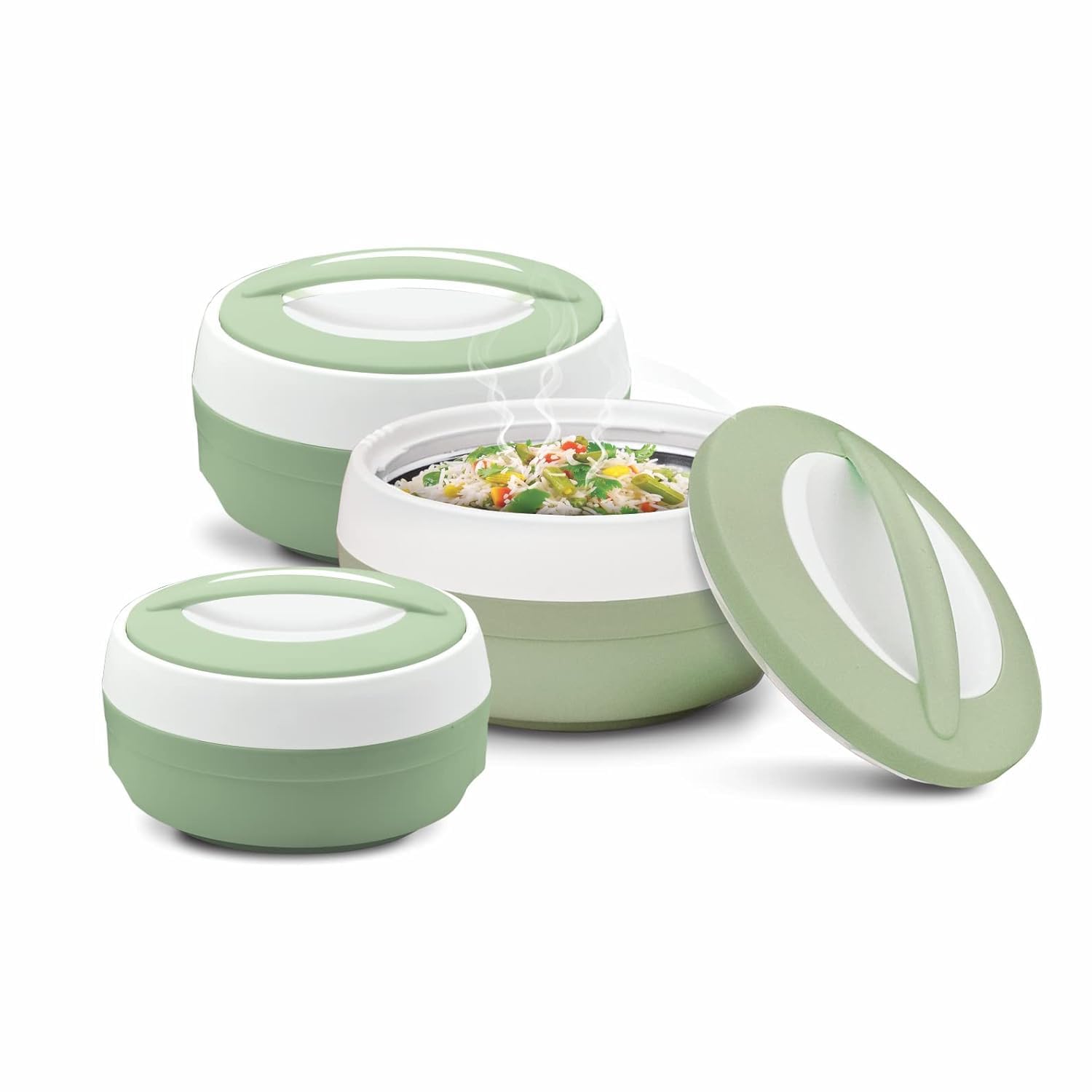 Lot de 3 cocottes isolantes en inox et plastique vert clair de 600ml à 1500ml