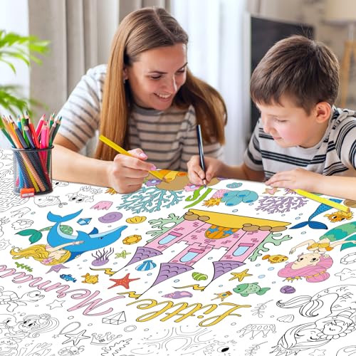Image of Mermaid Giant Coloring Poster for Kids 30 x 72 Inch, Large Coloring Poster Sheets Tablecloth, Mermaid Themed Color-in Activities Games for Kids School Classroom Home Party Supplies Decorations