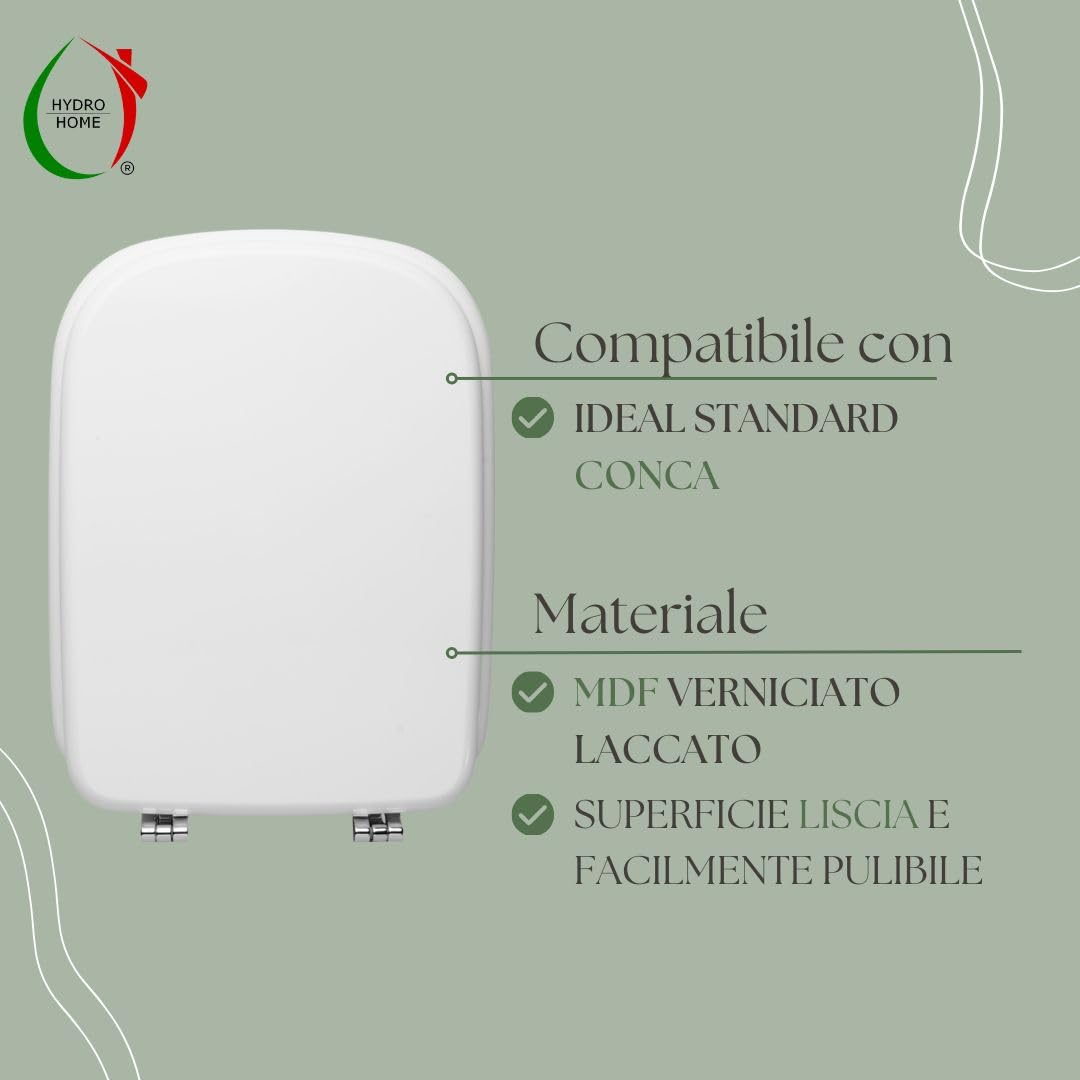 HYDRO HOME Copriwater Compatibile con Ideal standard CONCA, Tavoletta WC in legno verniciato, cerniere incluse, Sedile WC Resistente, Chiusura Classica, Montaggio rapido (BIANCO EUR)