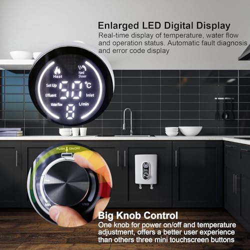 Image of Mini Tankless Under Sink Instant Hot Water Heater Electric 3kW 120V Plug in, Enlarged LED Digital Display, Knob Control, Multiprotective, IPX4, 30-55℃ Point of Use On Demand Water Heater, White