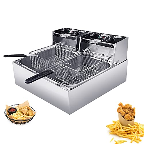 Heihe Freidora eléctrica Profesional, freidora Comercial de Acero Inoxidable de Gran Capacidad, con Cesta y Tapa, función de Control de Temperatura, para Uso Comercial y doméstico