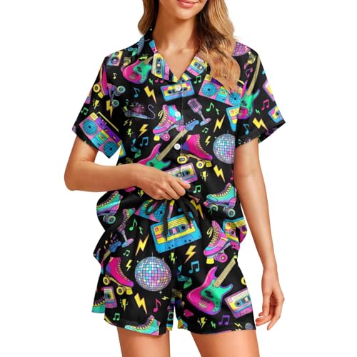 Image of Funny Pajamas for Women Set Print Satin Loungewear Pjs Short Sleeve Button Down Top and Shorts Sets Sleepwear XS-3XL