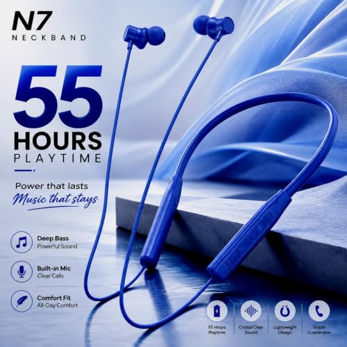 Image of Kratos N7 Bluetooth Neckband with 55H Playtime, Deep Bass, Stereo Sound, HD Calls, Magnetic Earbuds, Voice Assistant, Type-C Fast Charging, Rich Audio, Hollow Switch for Comfort & Style (Blue)