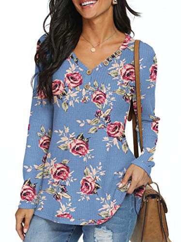 ANIXAY Womens Waffle Knit Blouses Button Up Casual Henley Tunic Tops Long Sleeve V Neck Loose Fitting Shirts FP Rose Gray Blue-Small