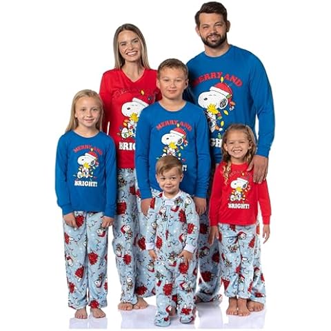 Peanuts Christmas Pajamas Woman's Snoopy Merry & Bright Holiday AOP Fleece Pajama Pant 2-Piece Pajama Set (XX-Large) Cover