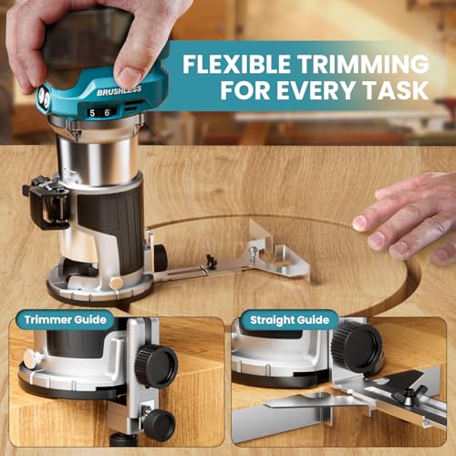 Cordless Compact Router Compatible with Ma-kita Battery (Bare Tool), 6 Variable Speeds Router Tool for Woodworking, 800W Fixed Base Wood Router with Trim Router Bits