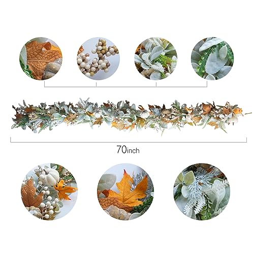 Image of Thanksgiving Fall Wreath, Eucalyptus Berries Pumpkins Lamb Ears Leaves Autumn Wreaths for Front Door, Fall Decor, Porch Wall, Home Outdoor Holiday Decorations (Pumpkin Garland)